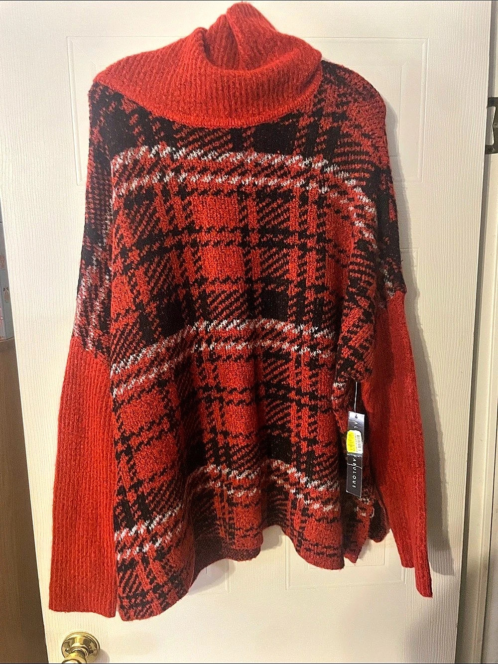 Absolutely Famous Slouchy Plaid Turtleneck Sweater Red & Black XL